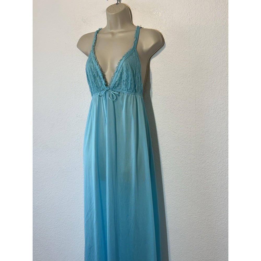 Vtg 70s Blue Sleeveless VNeck Lace Nightgown Dress Medium Coquette Dainty